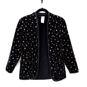 Vintage quilted open front peach floral green sprig jacket size S pockets Blazer